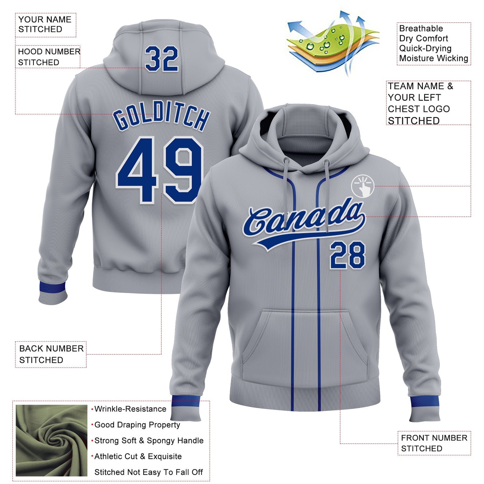 Custom Stitched Gray Royal-White Baseball Pullover Sweatshirt Hoodie