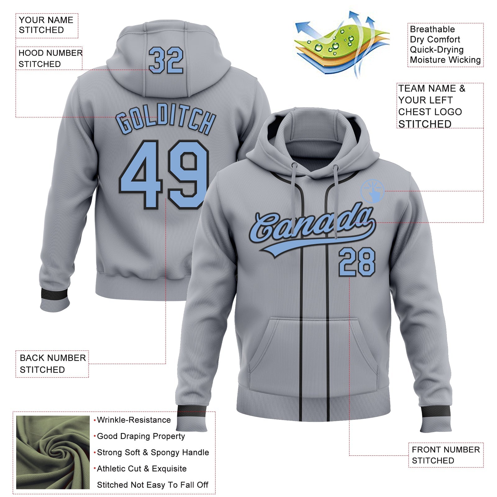 Custom Stitched Gray Light Blue-Black Baseball Pullover Sweatshirt Hoodie