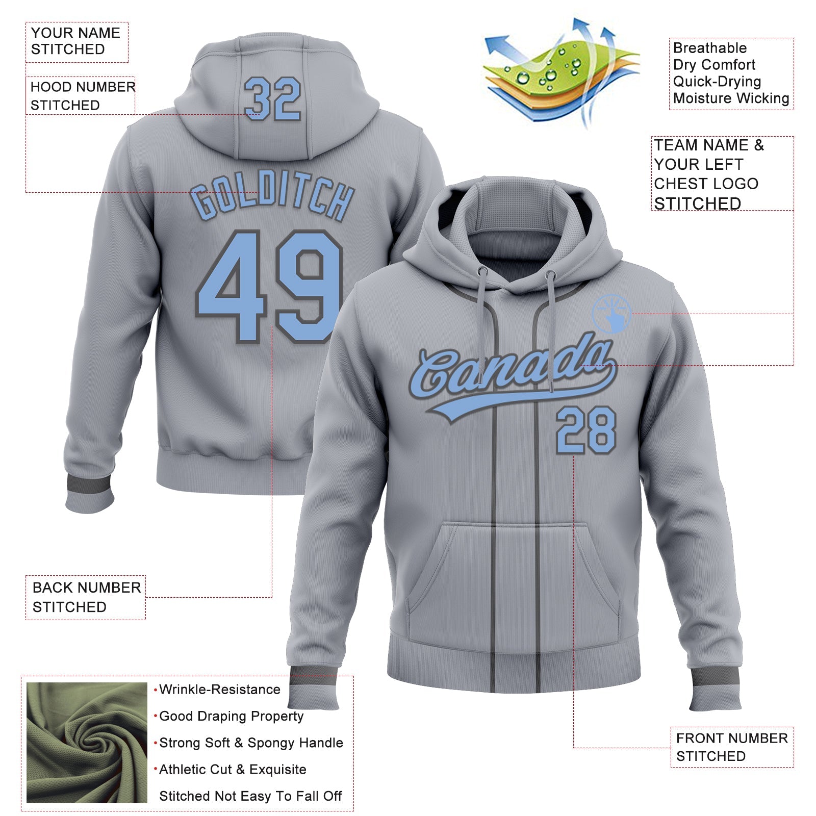 Custom Stitched Gray Light Blue-Steel Gray Baseball Pullover Sweatshirt Hoodie