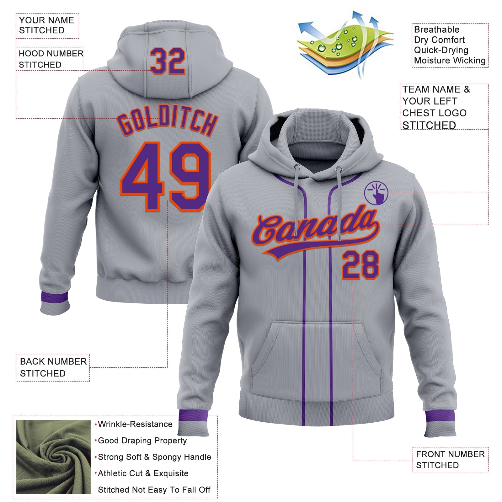 Custom Stitched Gray Purple-Orange Baseball Pullover Sweatshirt Hoodie