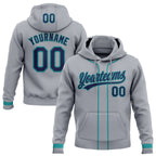 Custom Stitched Gray Navy-Teal Baseball Pullover Sweatshirt Hoodie