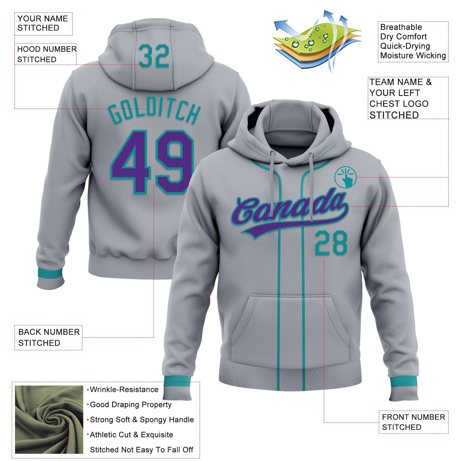 Custom Stitched Gray Purple-Teal Baseball Pullover Sweatshirt Hoodie