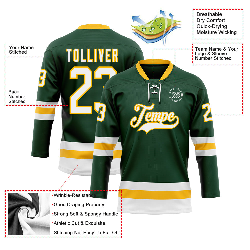 Custom Green White-Gold Hockey Lace Neck Jersey