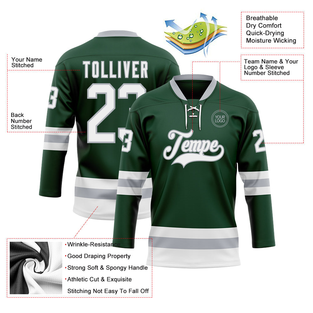 Custom Green White-Gray Hockey Lace Neck Jersey