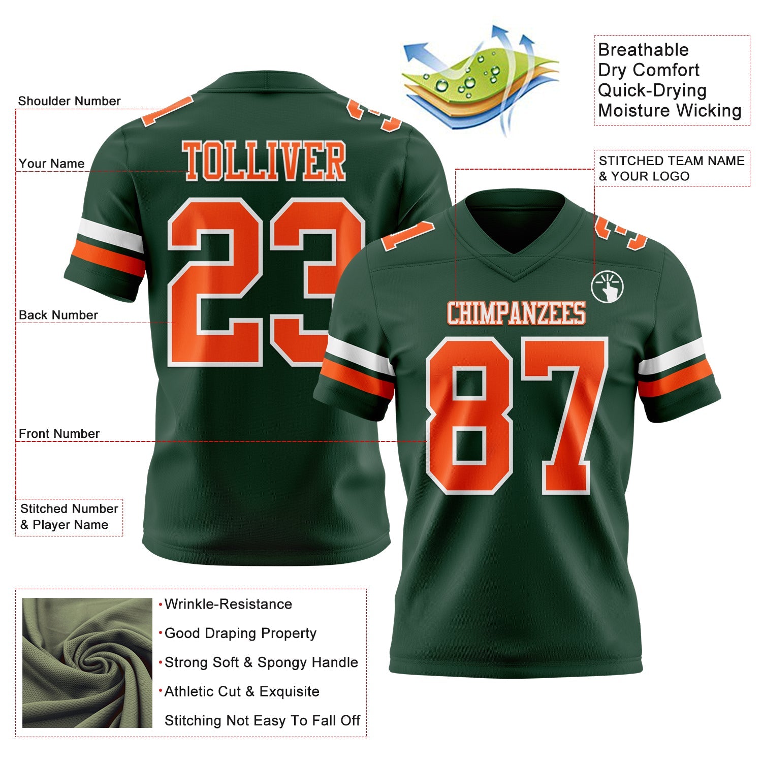 Custom Green Orange-White Authentic Football Jersey