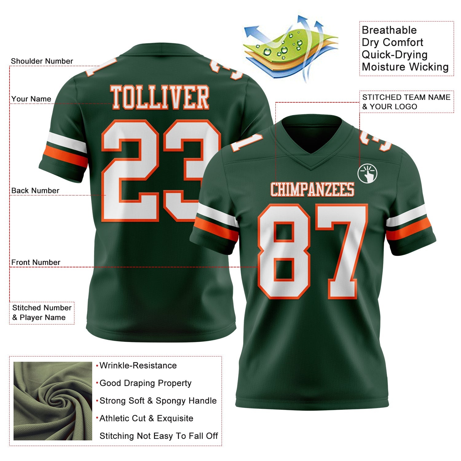Custom Green White-Orange Authentic Football Jersey