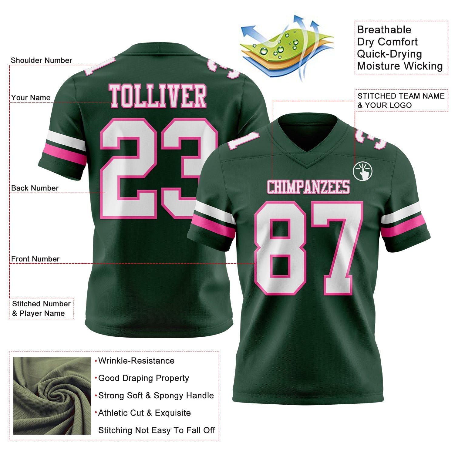 Custom Green White-Pink Authentic Football Jersey