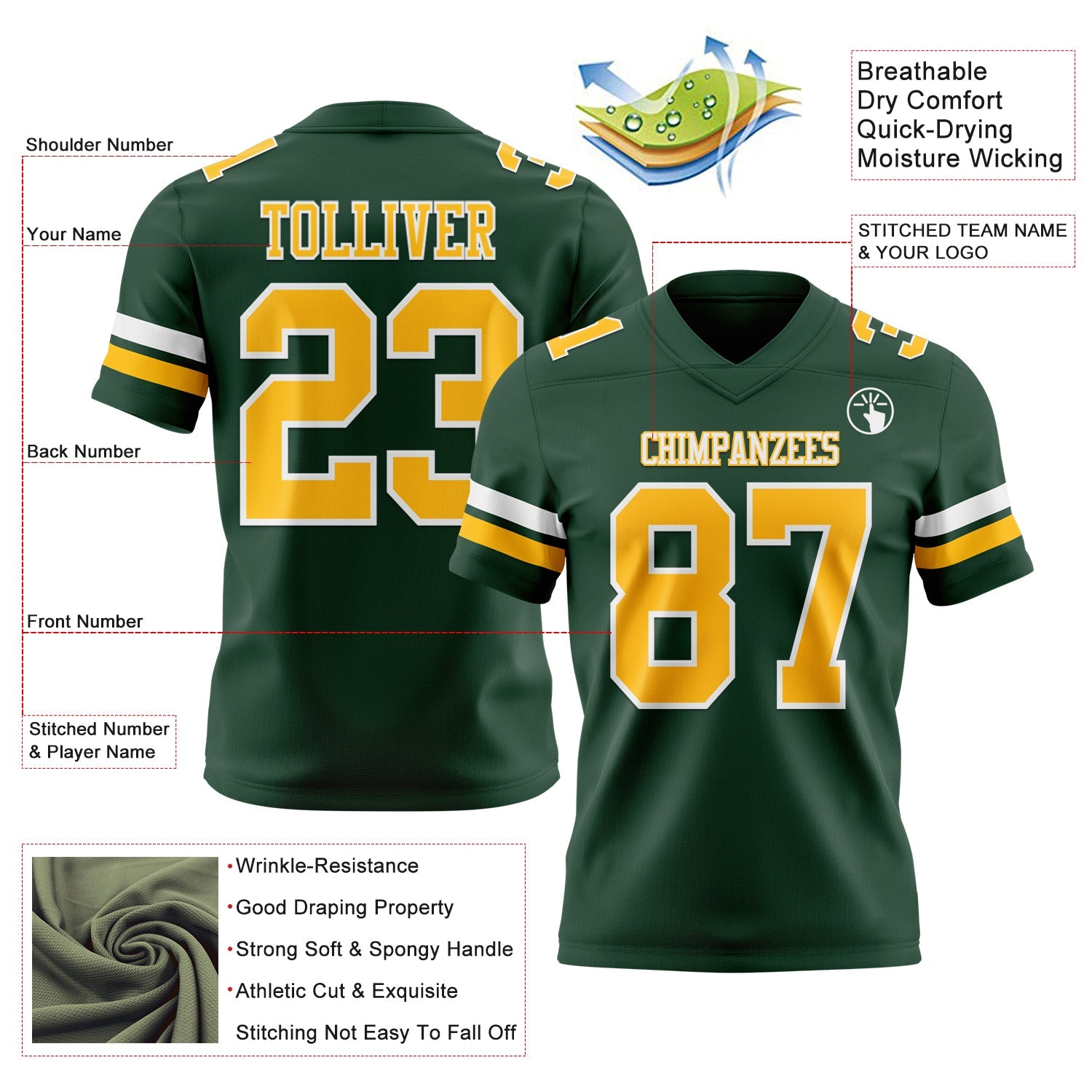 Custom Green Gold-White Authentic Football Jersey
