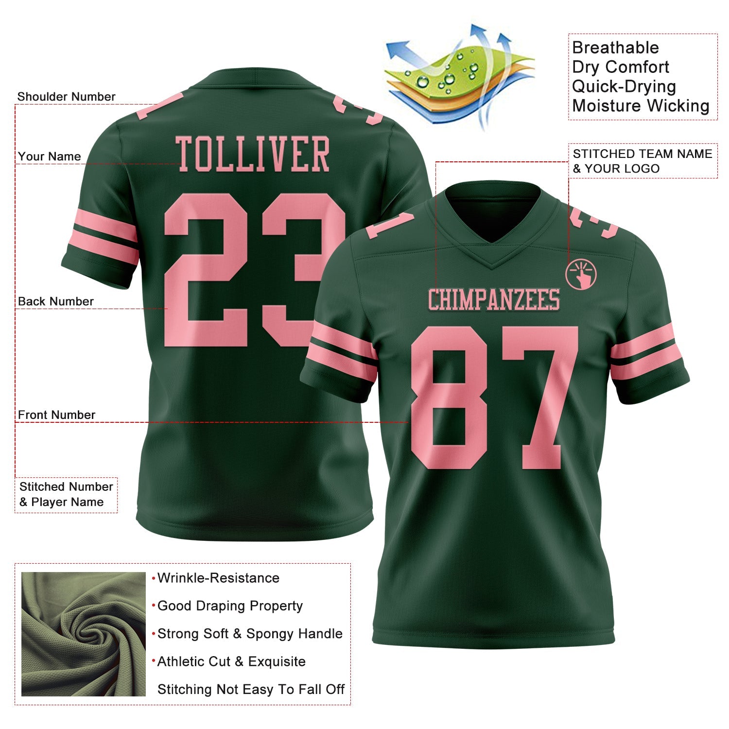 Custom Green Medium Pink Authentic Football Jersey