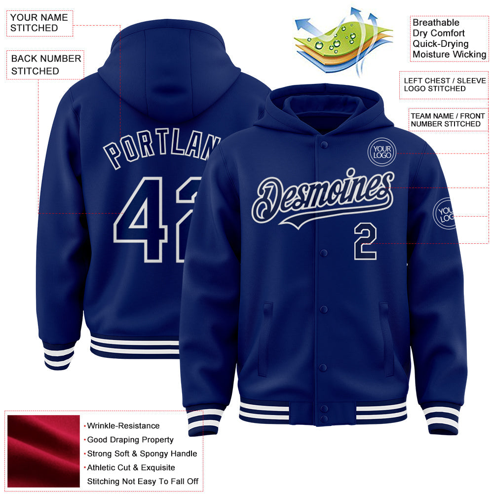 Custom Royal Navy-White Bomber Full-Snap Varsity Letterman Hoodie Jacket