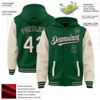 Custom Kelly Green Cream-Black Bomber Full-Snap Varsity Letterman Two Tone Hoodie Jacket