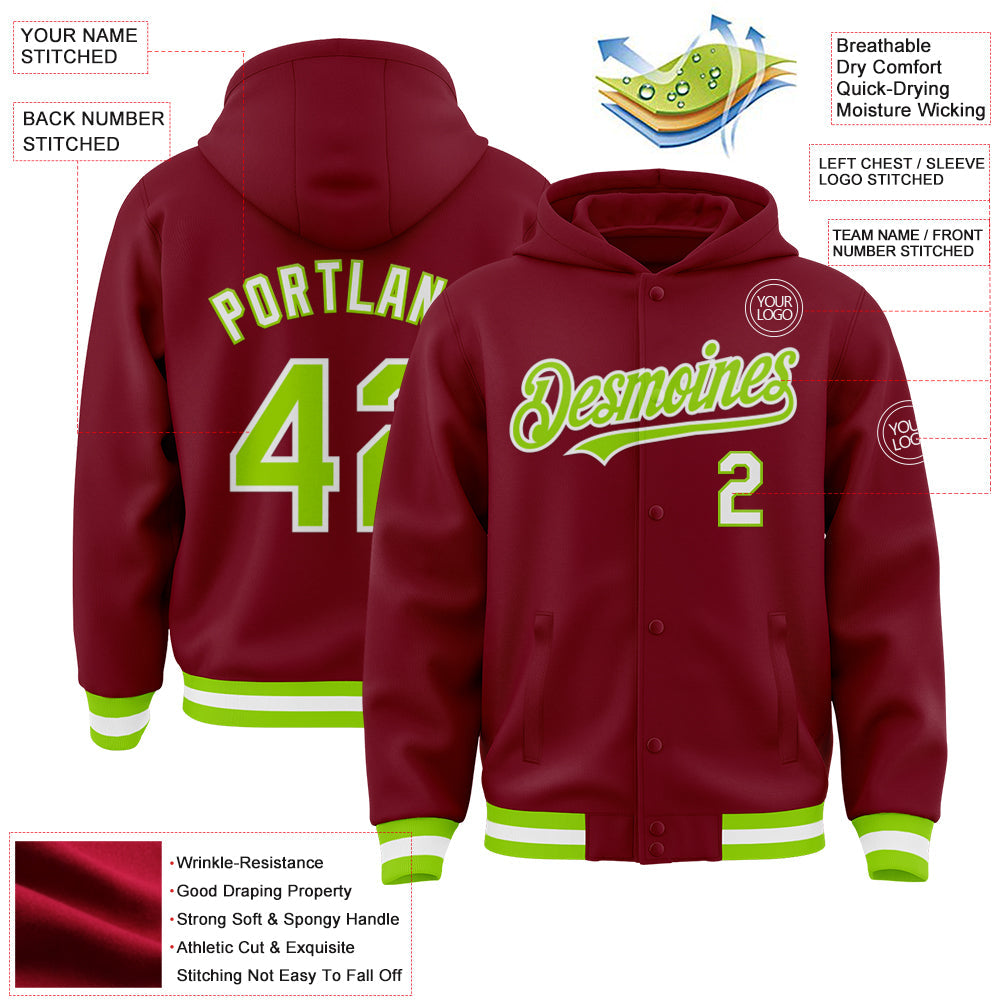 Custom Crimson Neon Green-White Bomber Full-Snap Varsity Letterman Hoodie Jacket