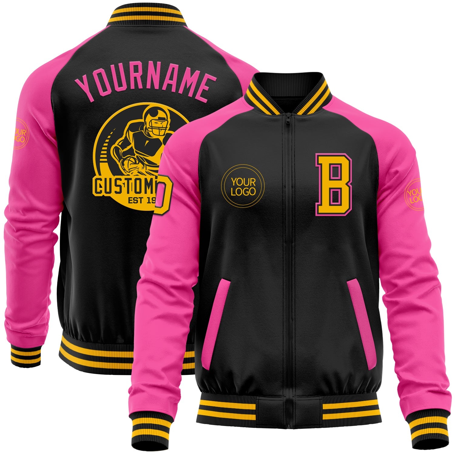 Custom Black Gold-Pink Bomber Varsity Letterman Two Tone Zipper Jacket