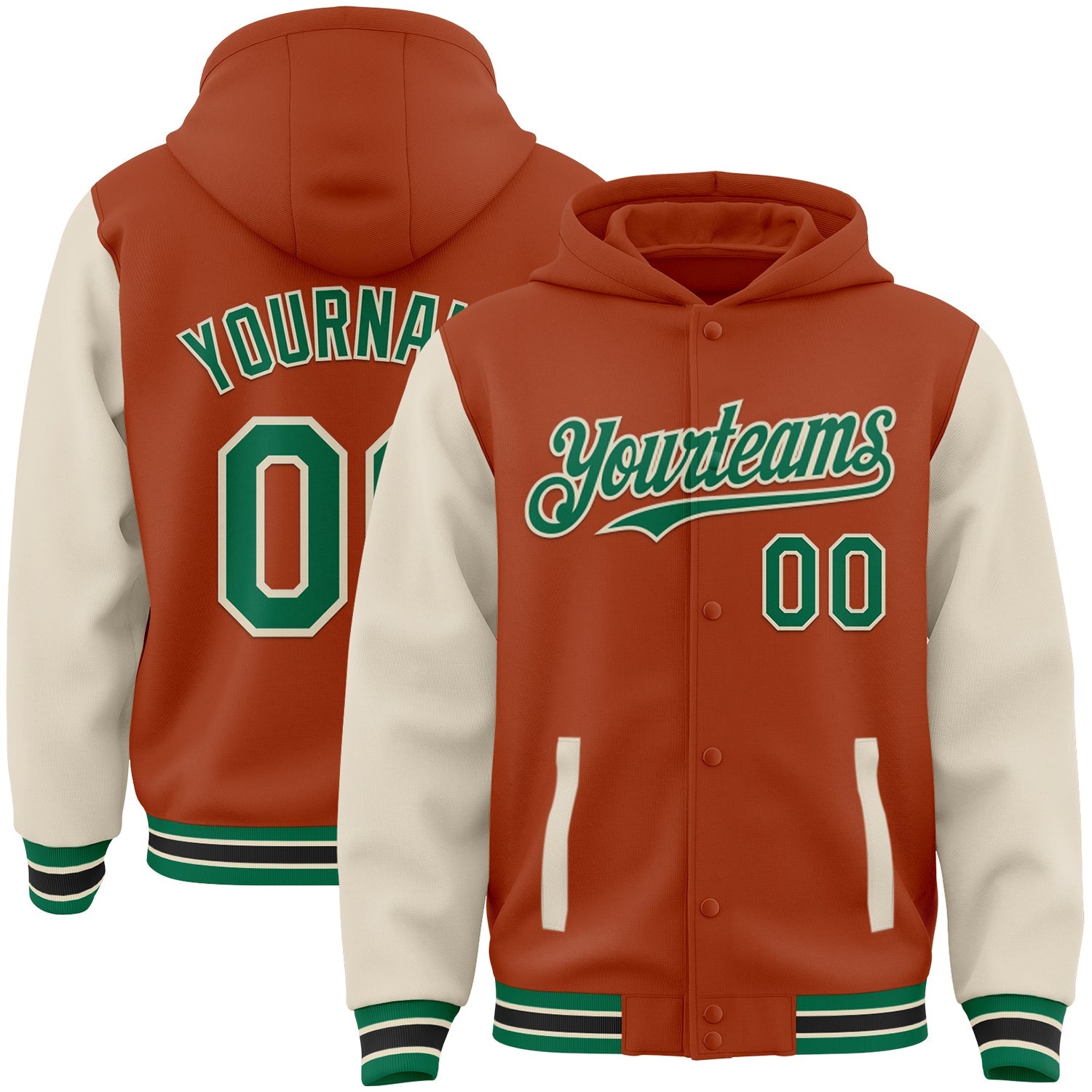 Custom Texas Orange Kelly Green-Cream Bomber Full-Snap Varsity Letterman Two Tone Hoodie Jacket