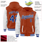Custom Texas Orange Royal-White Bomber Full-Snap Varsity Letterman Two Tone Hoodie Jacket