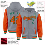 Custom Gray Orange-Kelly Green Bomber Full-Snap Varsity Letterman Two Tone Hoodie Jacket