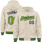 Custom Cream Neon Green-Navy Bomber Full-Snap Varsity Letterman Hoodie Jacket