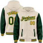 Custom Cream Green-Gold Bomber Full-Snap Varsity Letterman Two Tone Hoodie Jacket