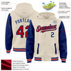 Custom Cream Red Royal-White Bomber Full-Snap Varsity Letterman Two Tone Hoodie Jacket