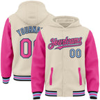 Custom Cream Pink Black-Light Blue Bomber Full-Snap Varsity Letterman Two Tone Hoodie Jacket