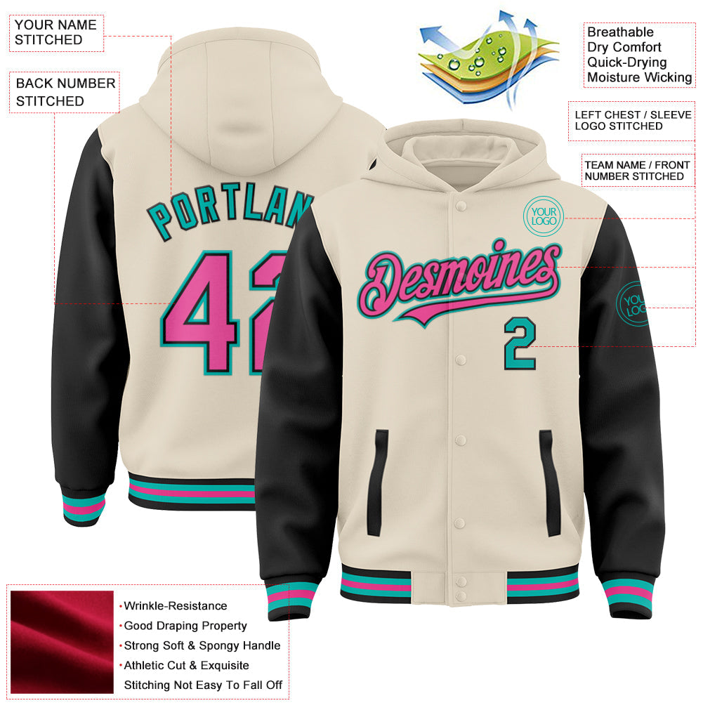 Custom Cream Pink Black-Aqua Bomber Full-Snap Varsity Letterman Two Tone Hoodie Jacket