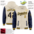 Custom Cream Navy-Gold Bomber Full-Snap Varsity Letterman Two Tone Hoodie Jacket