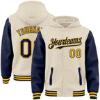 Custom Cream Navy-Gold Bomber Full-Snap Varsity Letterman Two Tone Hoodie Jacket