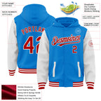 Custom Powder Blue Red-White Bomber Full-Snap Varsity Letterman Two Tone Hoodie Jacket