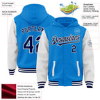 Custom Powder Blue Navy-White Bomber Full-Snap Varsity Letterman Two Tone Hoodie Jacket