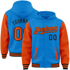 Custom Powder Blue Orange-Black Bomber Full-Snap Varsity Letterman Two Tone Hoodie Jacket