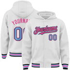Custom White Light Blue Black-Pink Bomber Full-Snap Varsity Letterman Hoodie Jacket