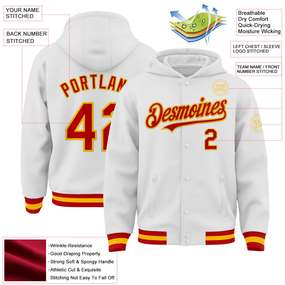Custom White Red-Gold Bomber Full-Snap Varsity Letterman Hoodie Jacket