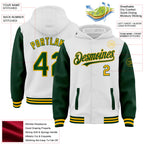 Custom White Green-Gold Bomber Full-Snap Varsity Letterman Two Tone Hoodie Jacket