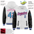 Custom White Sky Blue Black-Pink Bomber Full-Snap Varsity Letterman Two Tone Hoodie Jacket