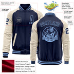Custom Navy Light Blue-Cream Bomber Varsity Letterman Two Tone Zipper Jacket
