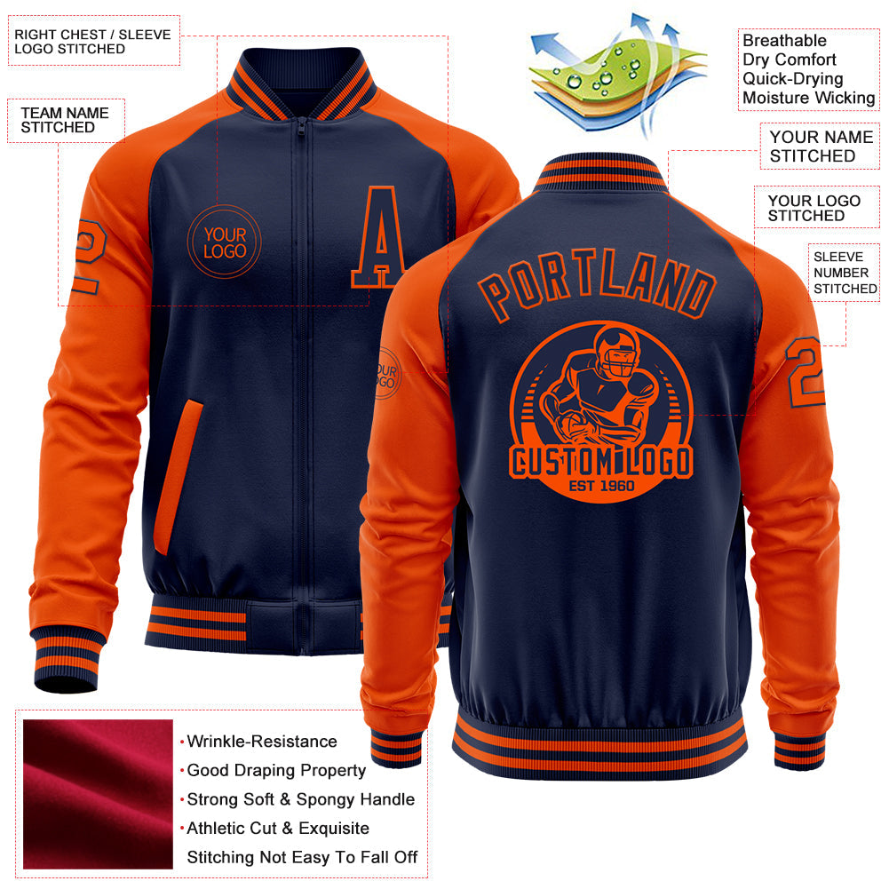 Custom Navy Orange Bomber Varsity Letterman Two Tone Zipper Jacket