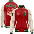 Custom Red Green-Cream Bomber Varsity Letterman Two Tone Zipper Jacket
