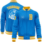 Custom Powder Blue Gold-White Bomber Varsity Letterman Zipper Jacket