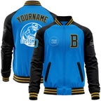 Custom Powder Blue Old Gold-Black Bomber Varsity Letterman Two Tone Zipper Jacket
