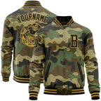 Custom Camo Black-Old Gold Bomber Varsity Letterman Salute To Service Zipper Jacket