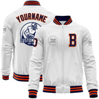Custom White Navy-Orange Bomber Varsity Letterman Zipper Jacket