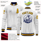 Custom White Gold-Navy Bomber Varsity Letterman Zipper Jacket