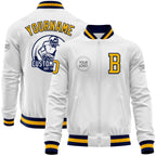 Custom White Gold-Navy Bomber Varsity Letterman Zipper Jacket