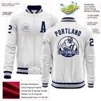 Custom White Navy-Gray Bomber Varsity Letterman Zipper Jacket