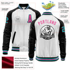 Custom White Aqua Black-Pink Bomber Varsity Letterman Two Tone Zipper Jacket