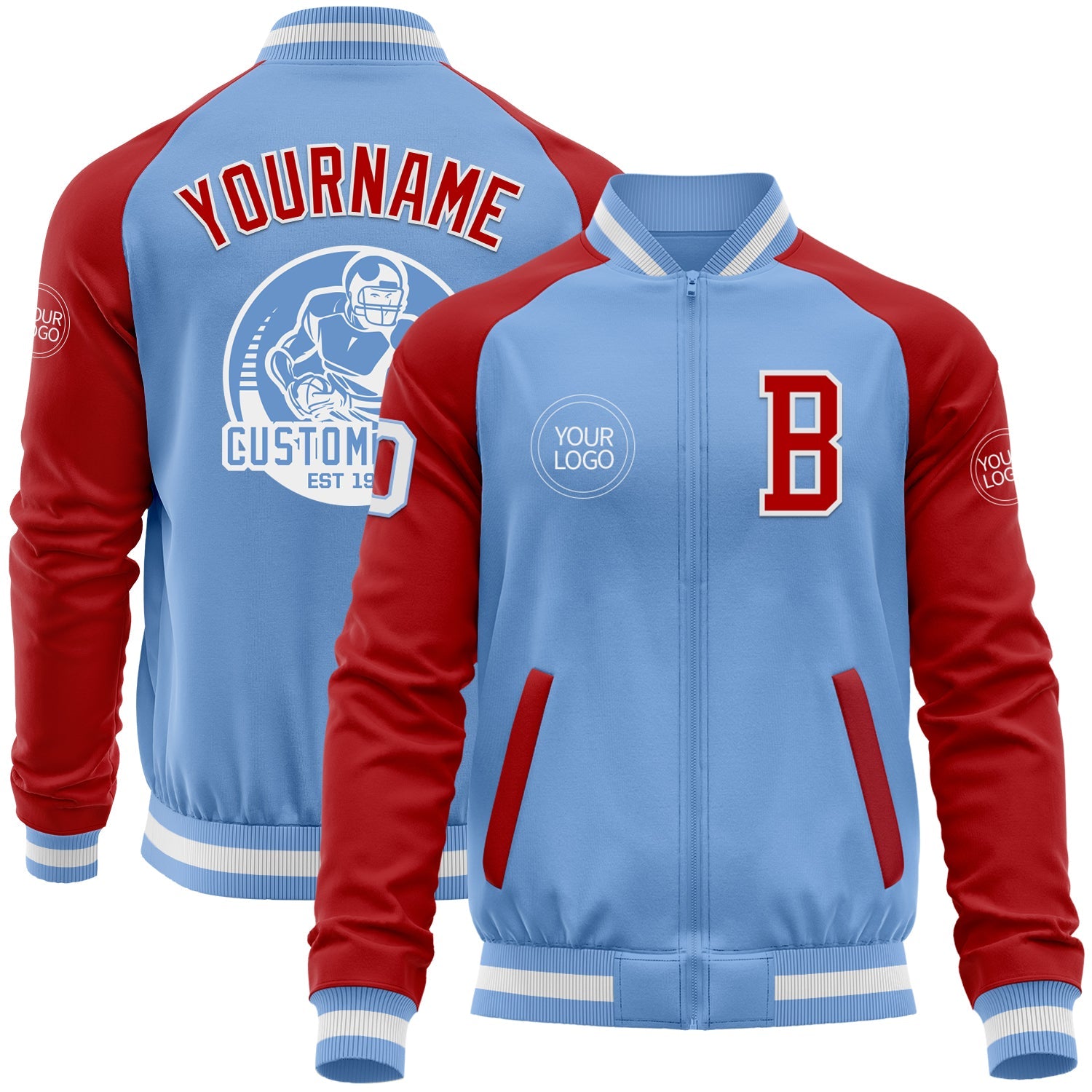Custom Light Blue White-Red Bomber Varsity Letterman Two Tone Zipper Jacket