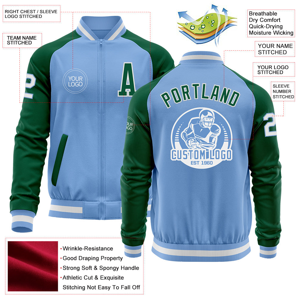 Custom Light Blue White-Kelly Green Bomber Varsity Letterman Two Tone Zipper Jacket