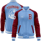 Custom Light Blue White-Crimson Bomber Varsity Letterman Two Tone Zipper Jacket