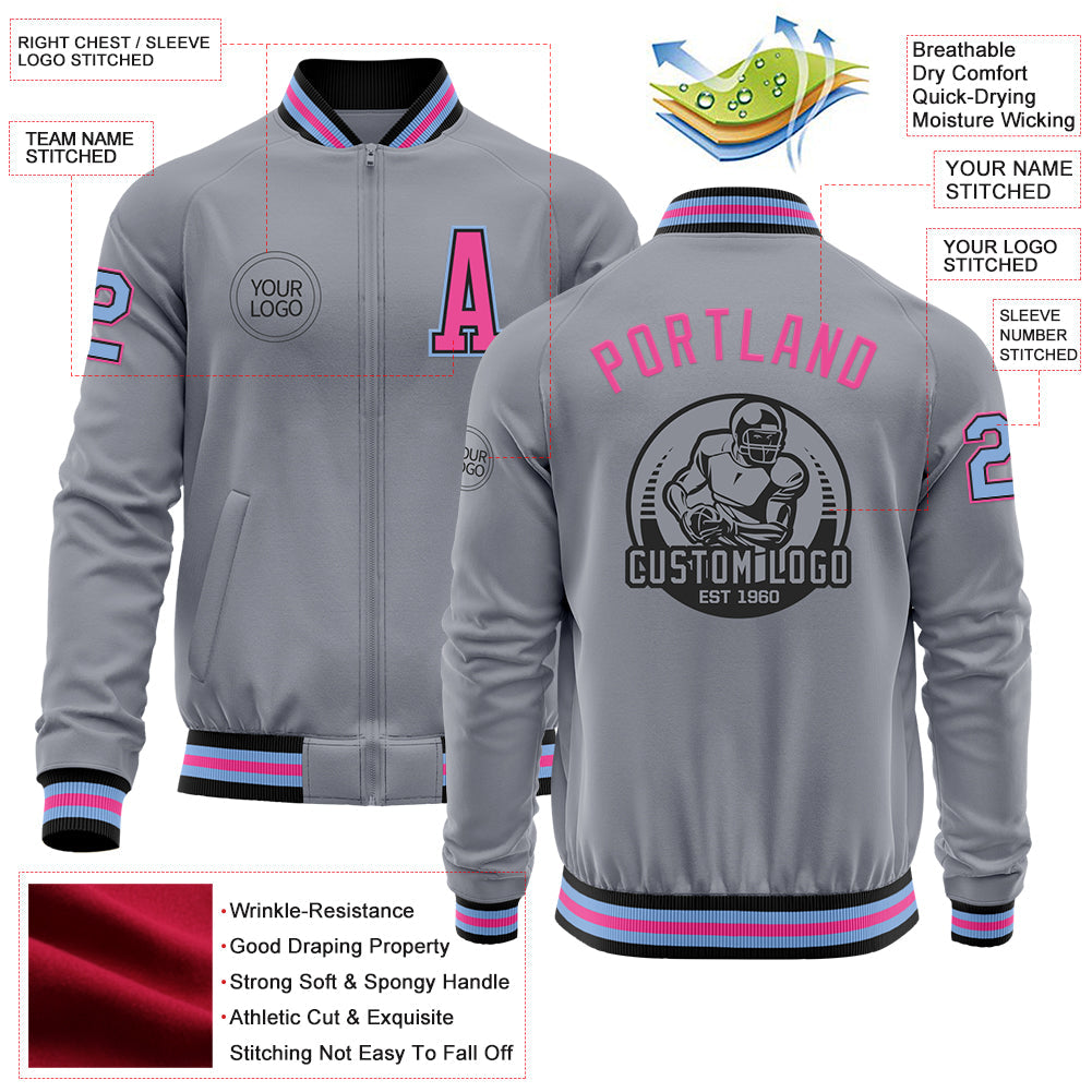 Custom Gray Light Blue Black-Pink Bomber Varsity Letterman Zipper Jacket