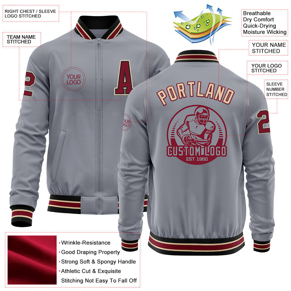 Custom Gray Crimson Black-City Cream Bomber Varsity Letterman Zipper Jacket